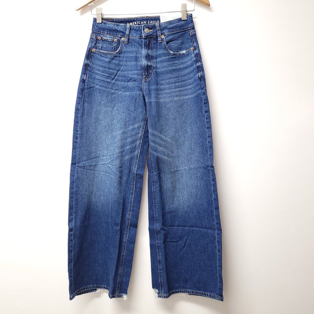 NWT American Eagle High Rise Wide Leg Jeans Size 00 Blue Midume Wash